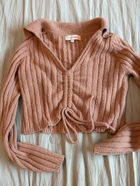 Hazel Moon Ribbed Drawstring V-Neck Sweater - Beige
